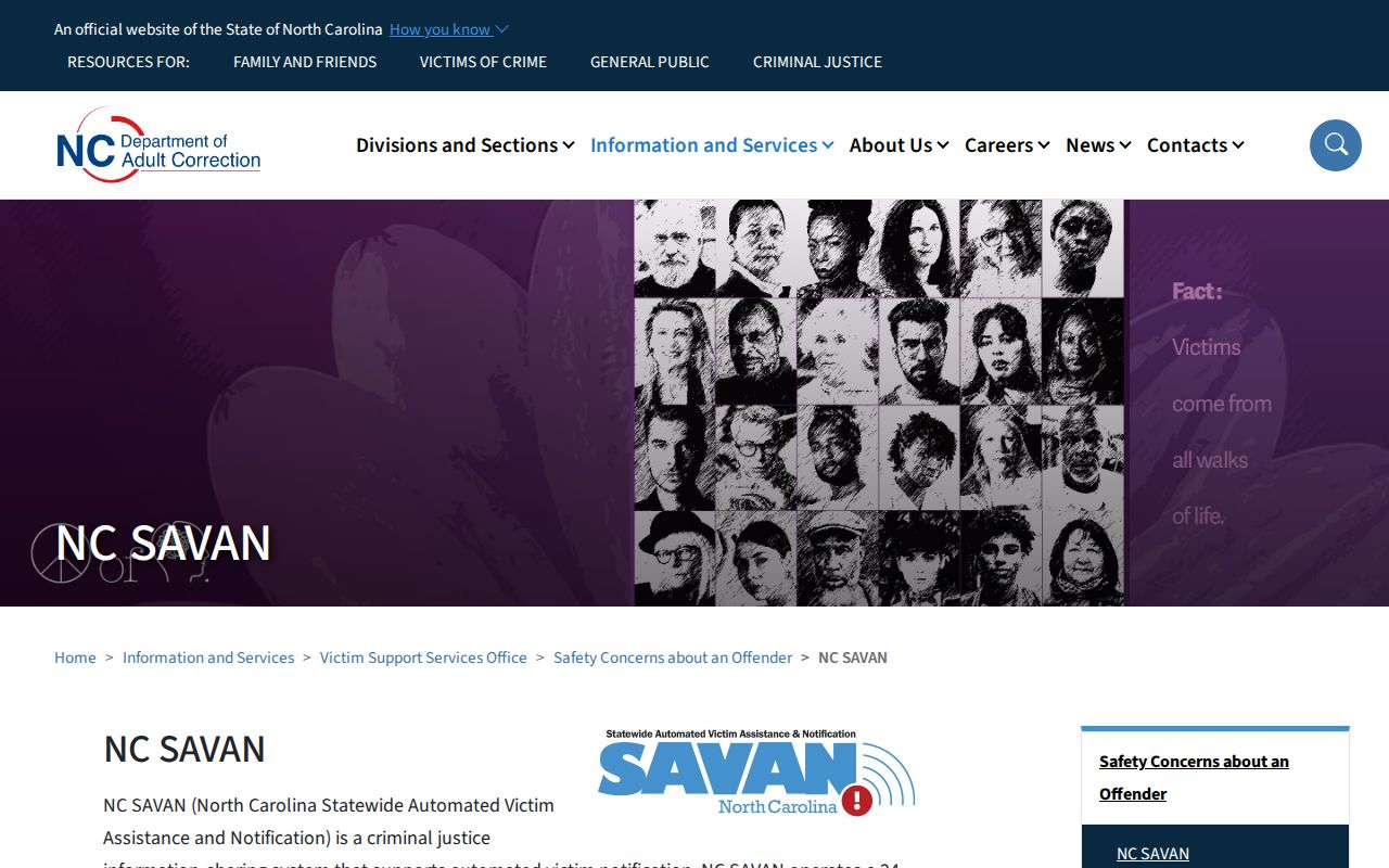 Official North Carolina SAVAN custody notification page