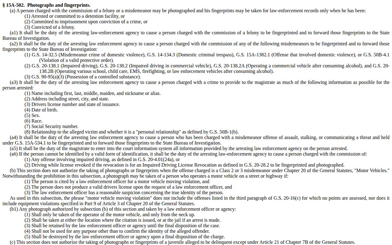 North Carolina law for Alleghany County arrest photographs